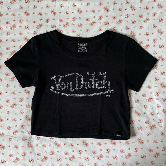 VON DUTCH - Black Rhinestone Cropped Tshirt Top - Picture 2 of 5
